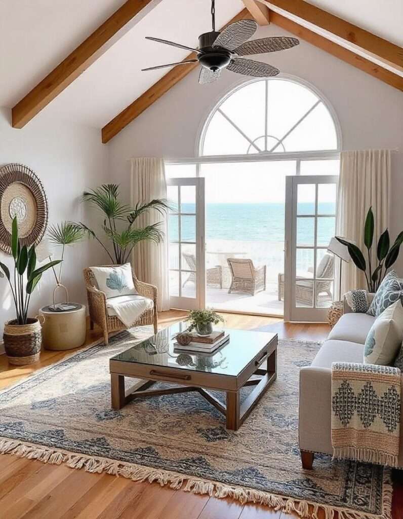 beautiful beach living room with beautiful rug and sofas and decors