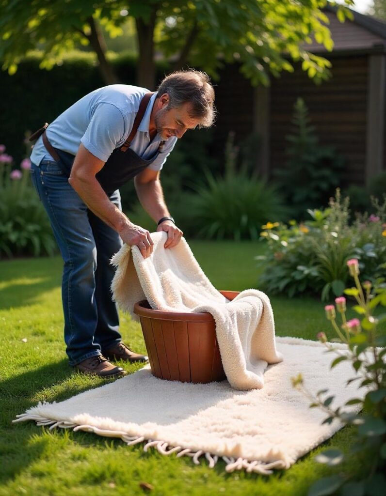 a man is washing wool carpet in the garden