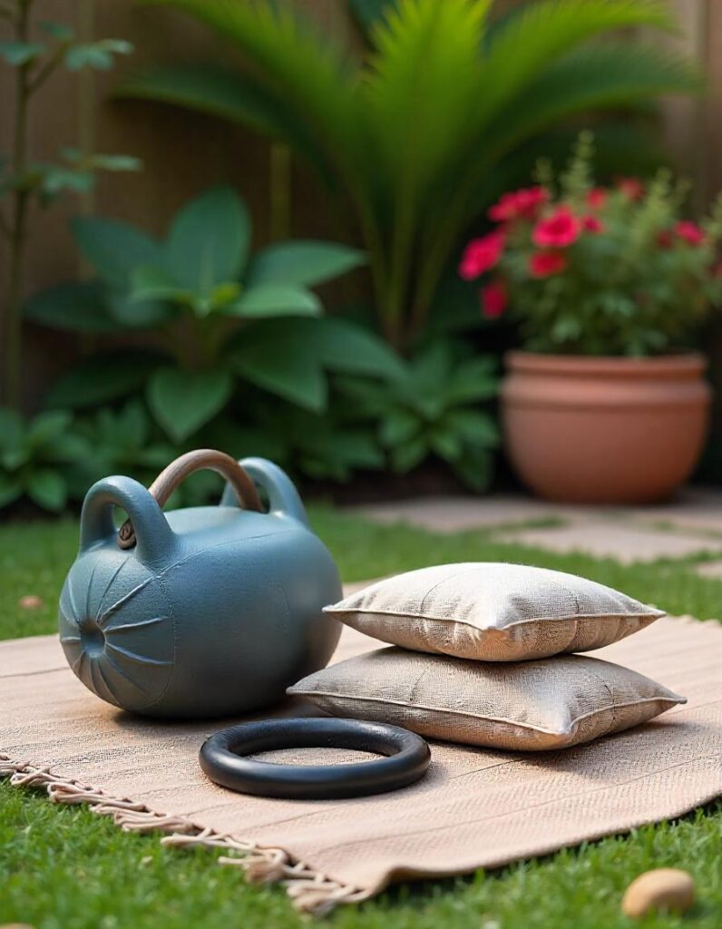 Sand bags on the outdoor rug in the garden