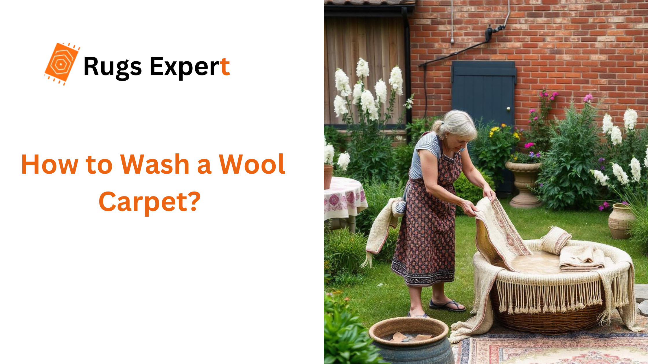 Text "how to wash a wool carpet" and a woman washing wool carpet in the garden