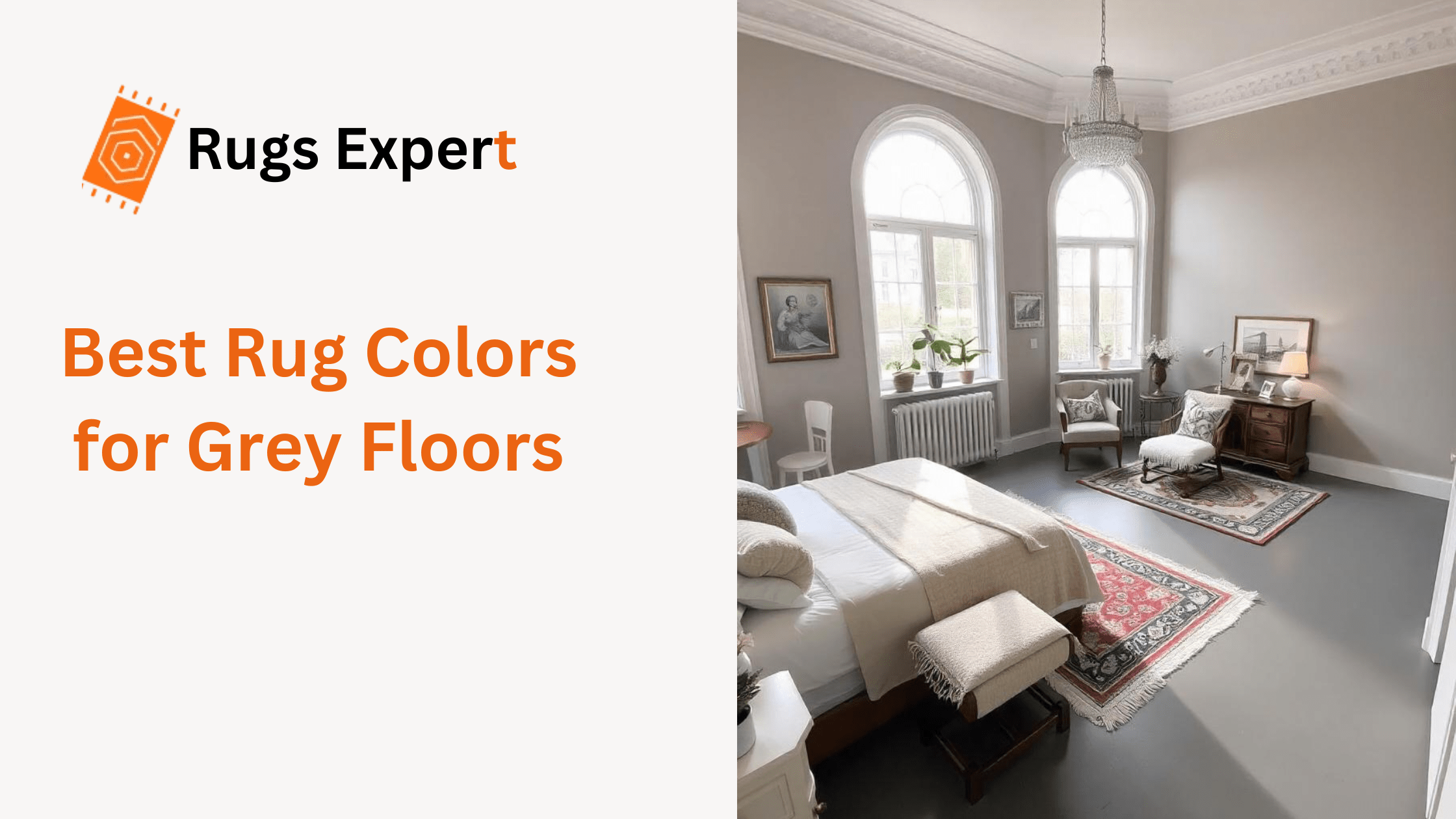 text "Best Rug Colors for Grey Floors" and a beautiful room with grey floor and rug and furniture