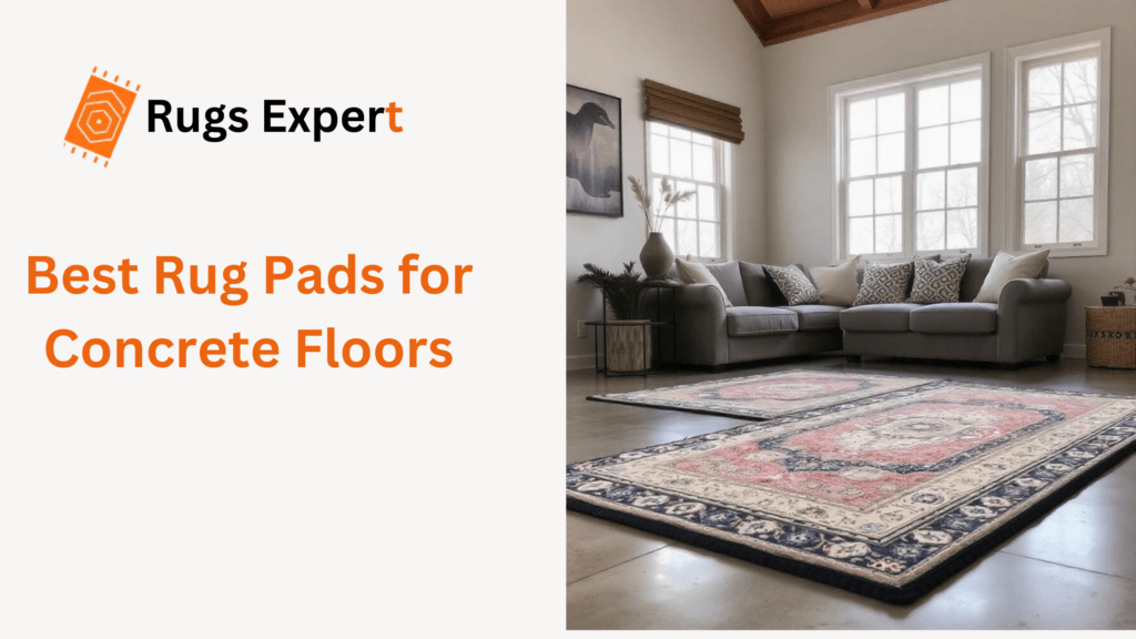 Text "Best Rug Pads for Concrete Floors" and a lavish living room with rugs on the concrete floor and sofa. 