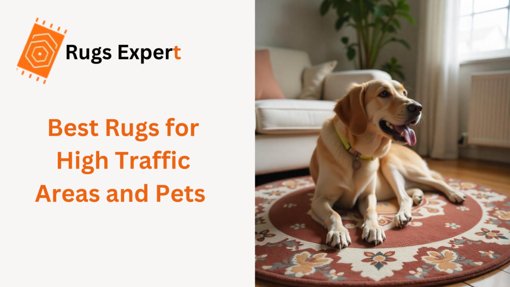 Text "Best Rugs for High Traffic Areas and Pets" and a dog on the round rug in living room 