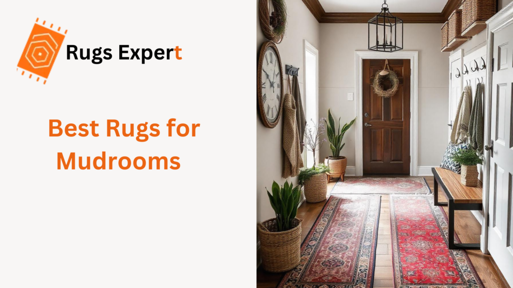 Text "best rugs for mudrooms" and beautiful rugs in the well decorated hallway. 