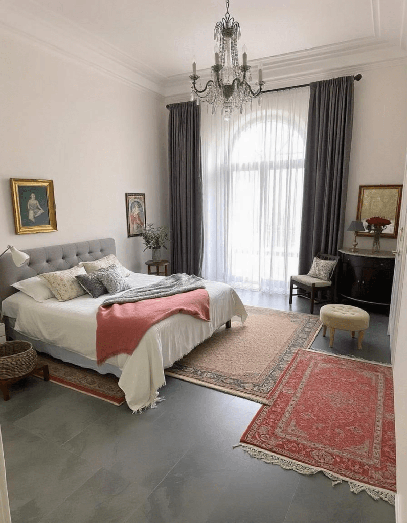 a beautiful room in which two rugs are laying on grey floor with decors. 