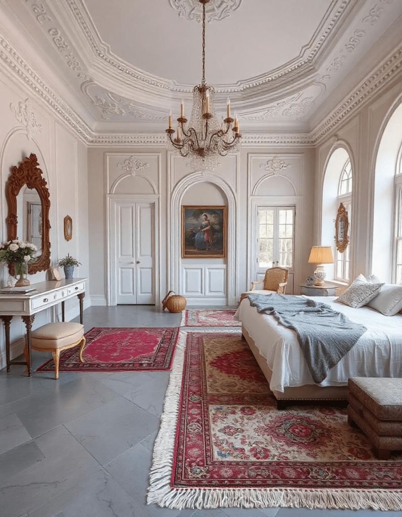 an elegent bedroom with grey floor, rugs and furniture.