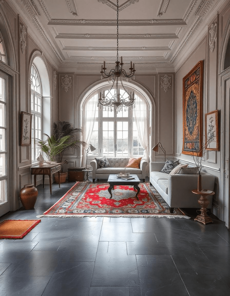 A classic drwaing room with beautiful ancient rug on grey floor. 