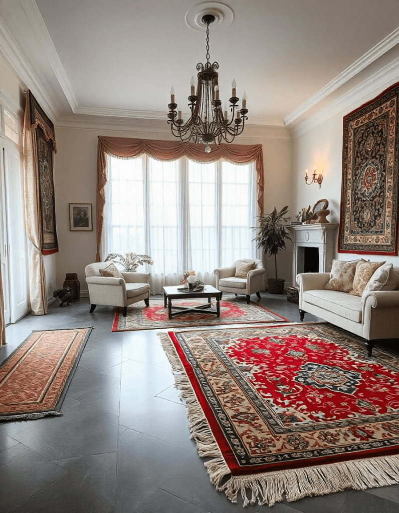 a classic living room with rugs on the grey floor and other classic furniture