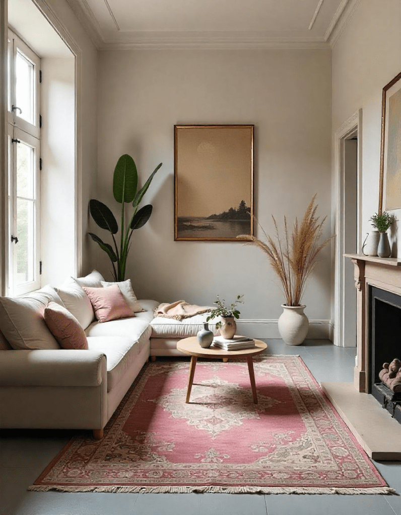 grey floor with beautiful rugs and furniture in the living room