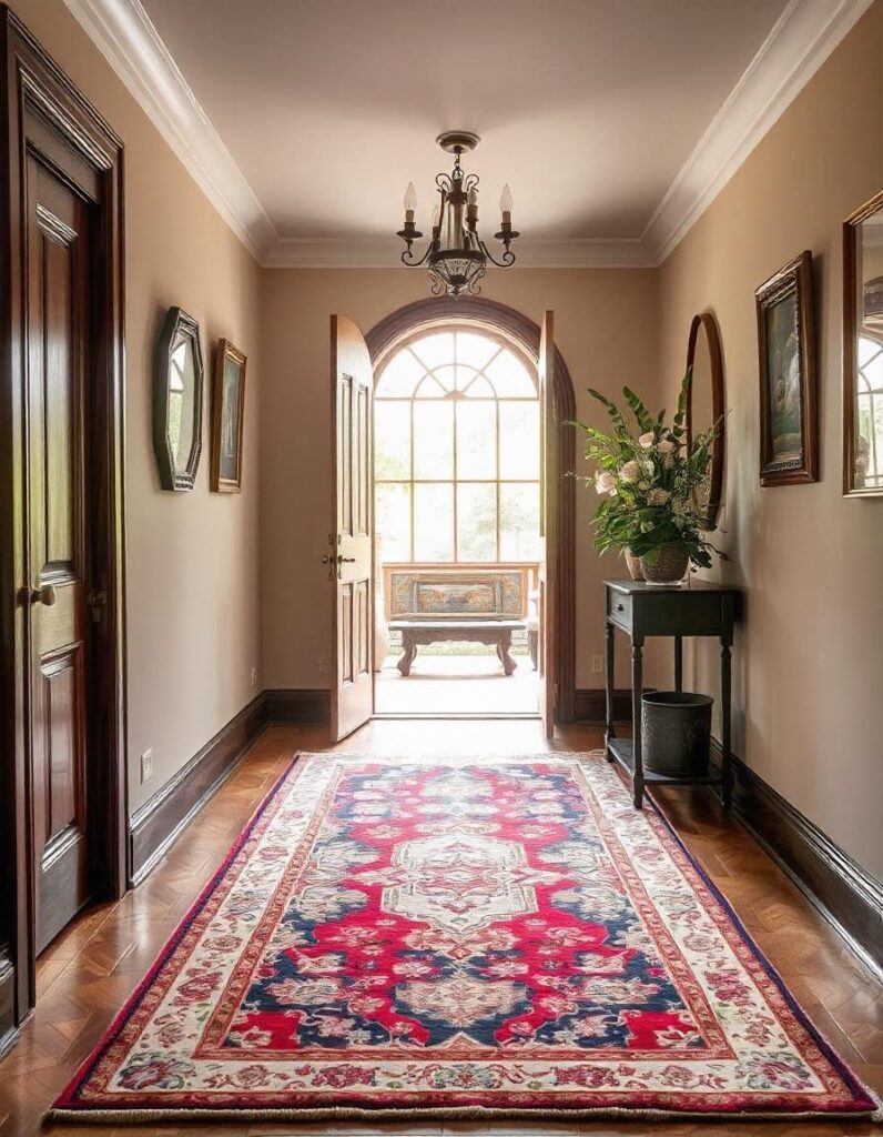 Beautiful hallway with rugs, plants and furniture