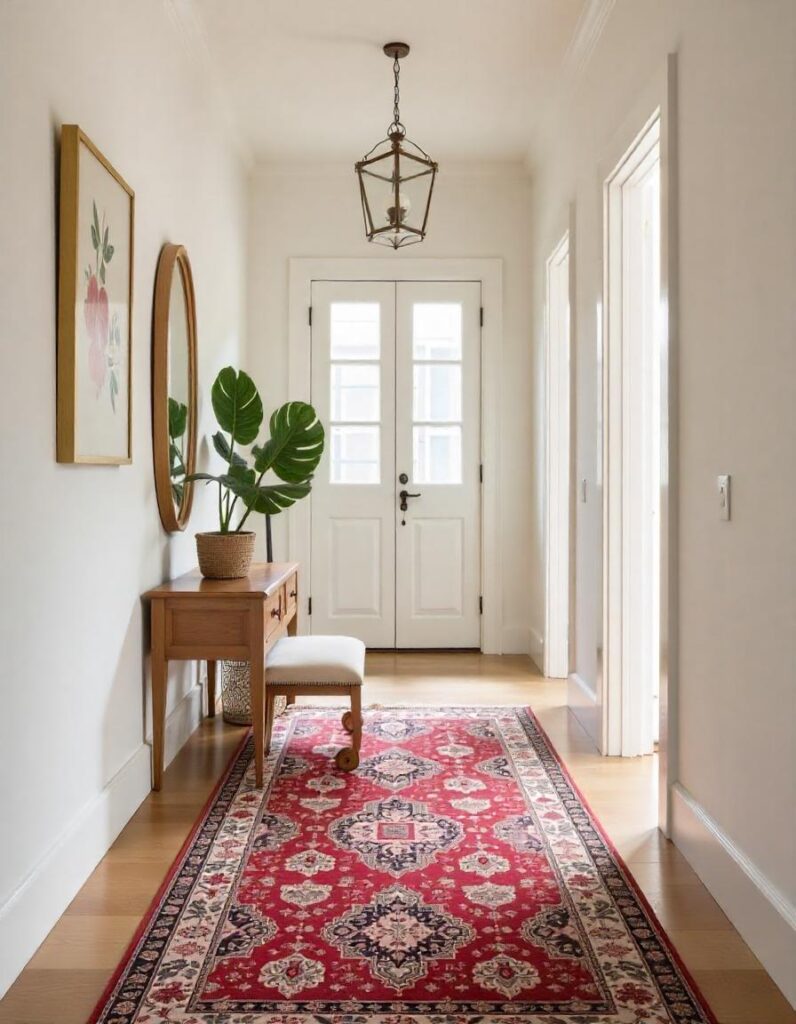 Beautiful hallway with furniture, plants and rug