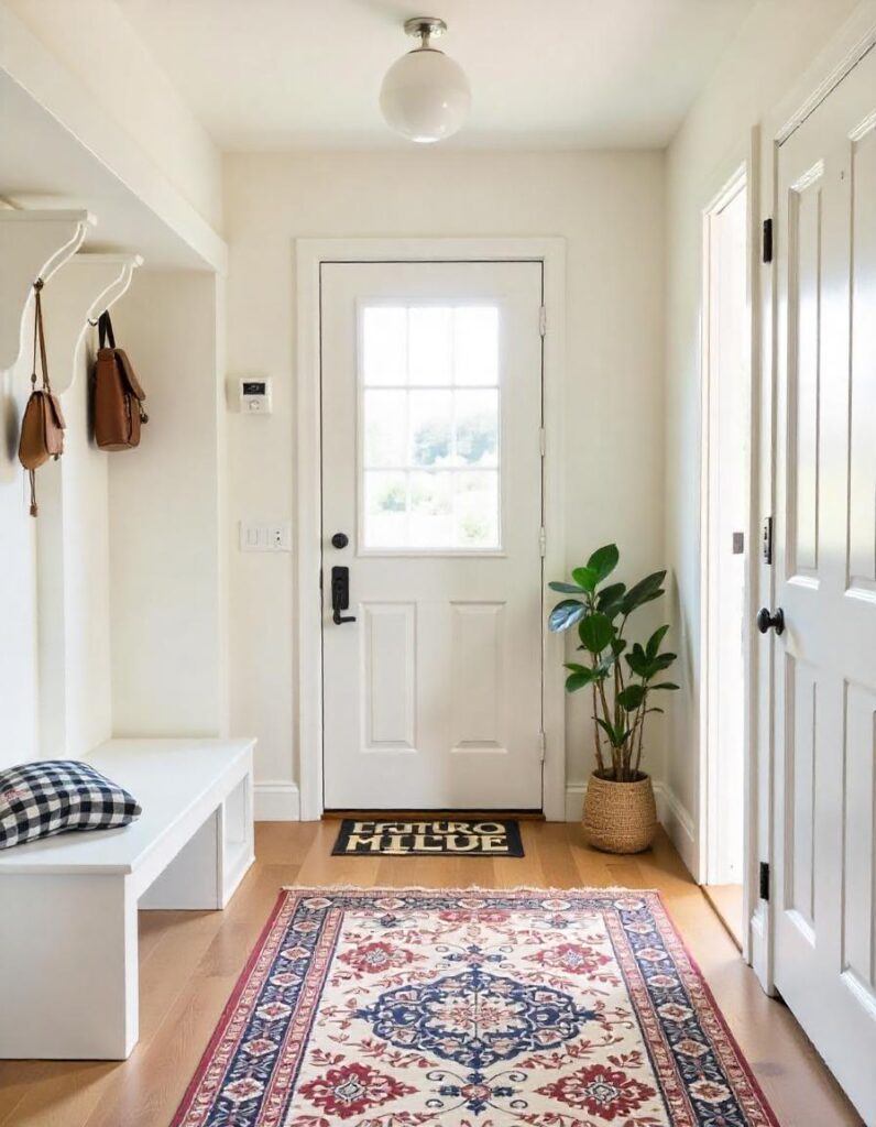 beautiful mudroom with rug, plants and furniture