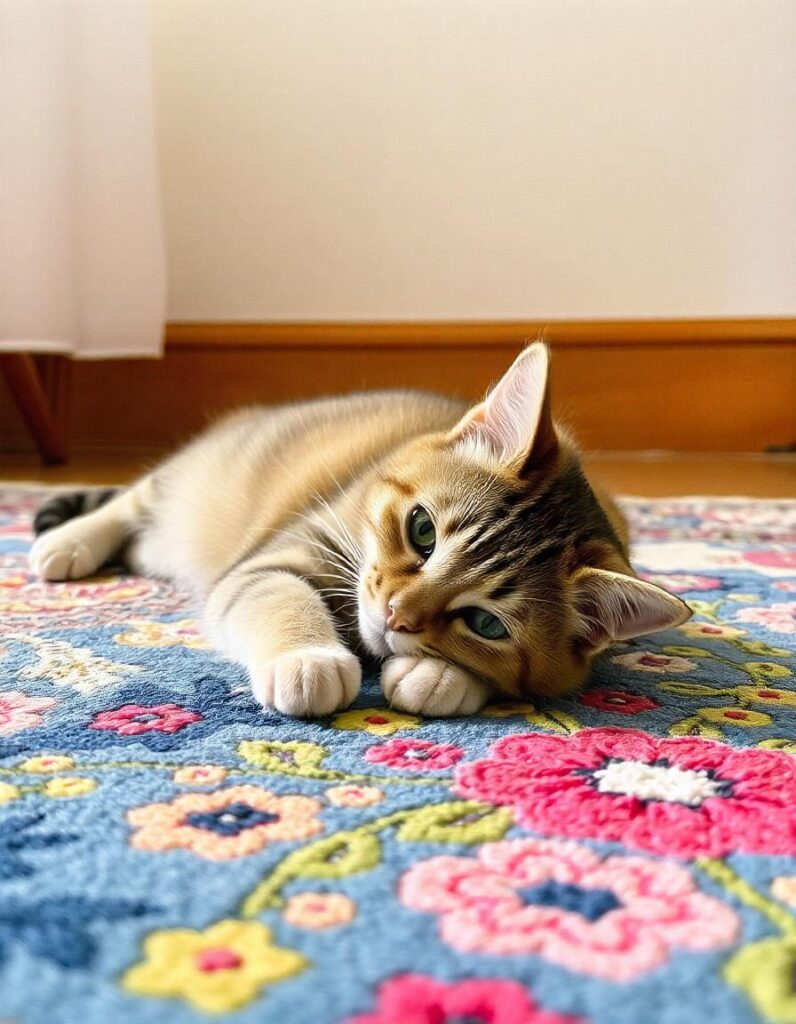 a beautiful cat on the colorful rug