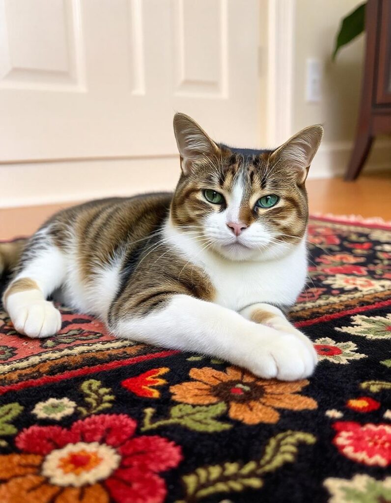 a cat on the rug in the beautiful living room