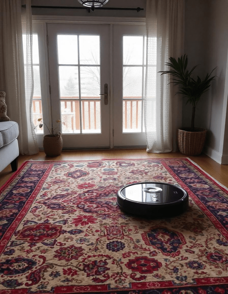 a robot vacuum cleaner on the oriental rug. 