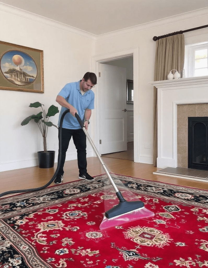 a man holding a vacuum cleaner on the oriental rug