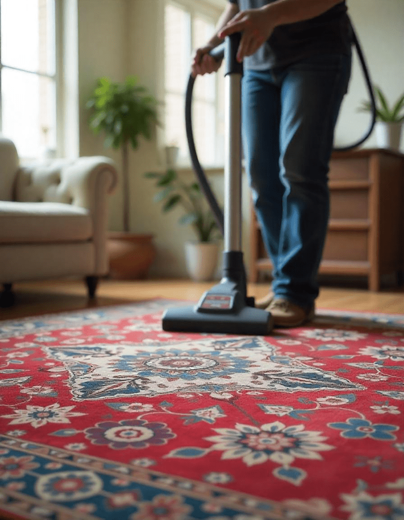 a man cleaning the oriental rug with vacuum cleaner.