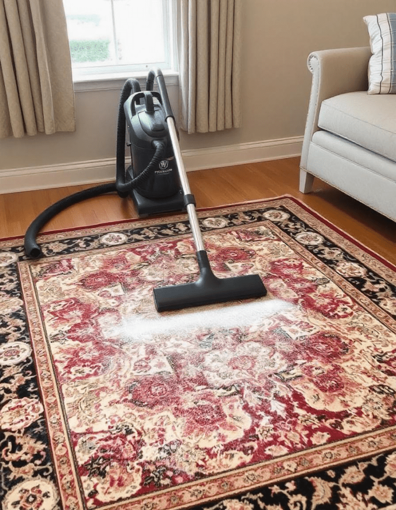 a vacuum cleaner on the rug. 