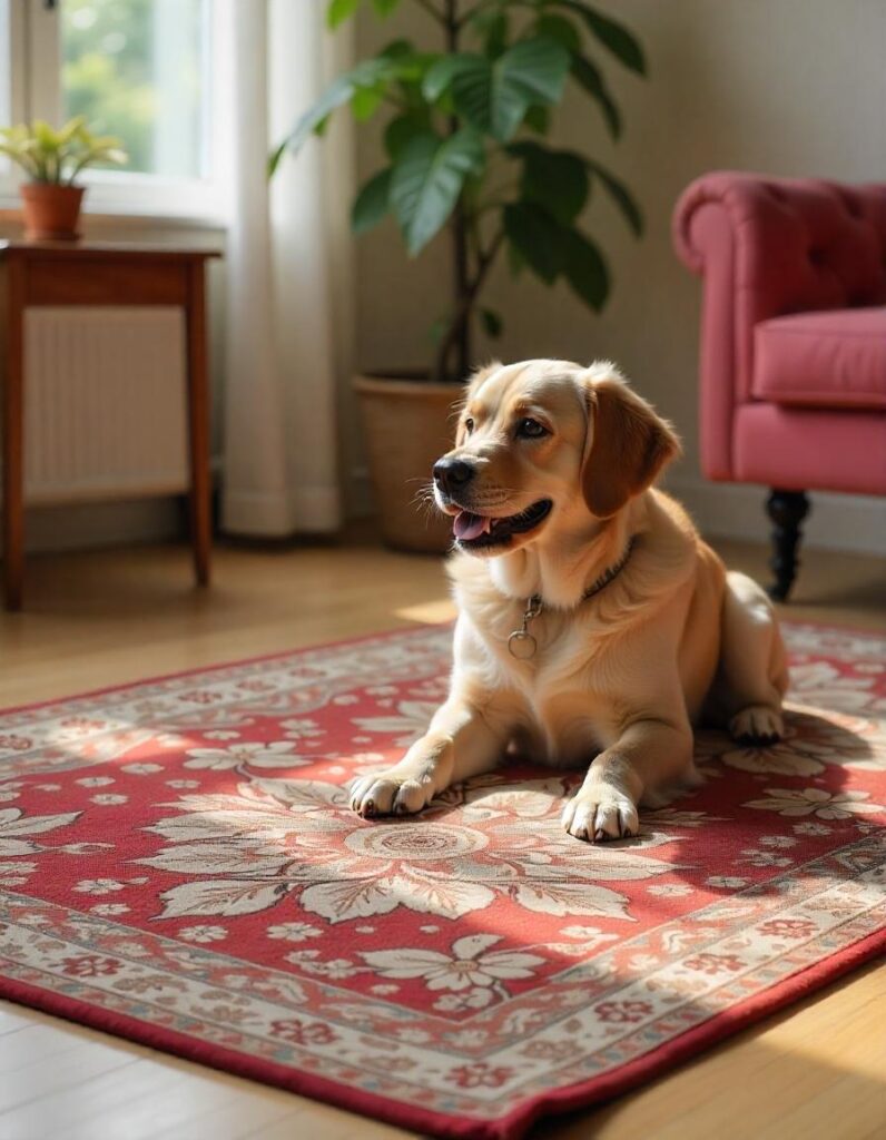 a dog on the rug in the beautful living room