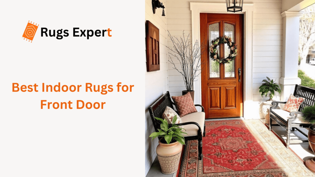 Text "Best Indoor Rugs for Front Door" and  a beautiful decorated outdoor balcony