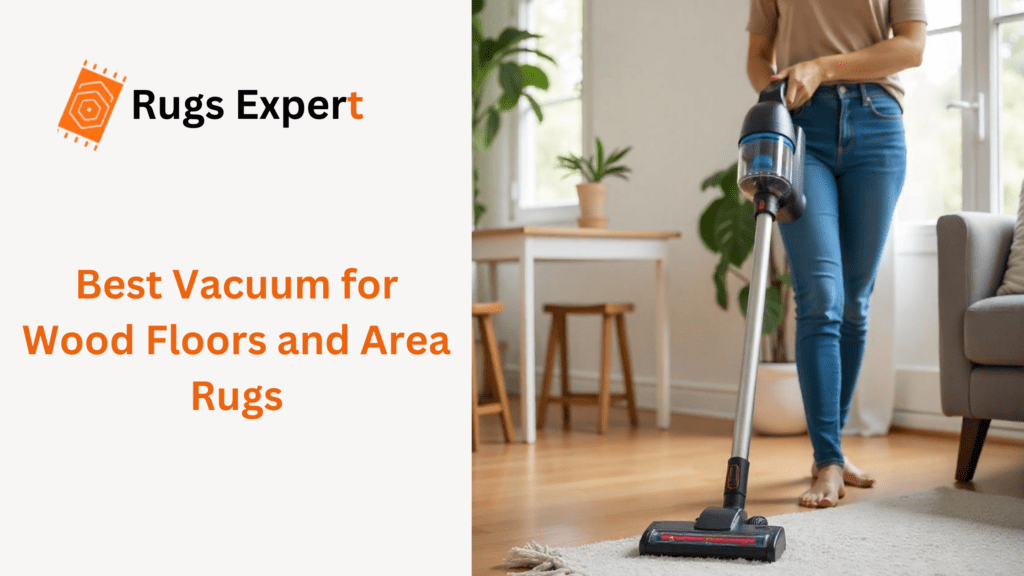 Text "Best Vacuum for Wood Floors and Area Rugs" and a female cleaning an area rug with vacuum on the wood floor