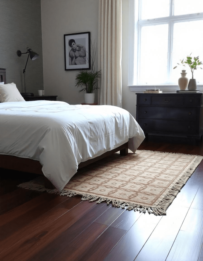 beautiful bedroom with area rug on dark wood floor