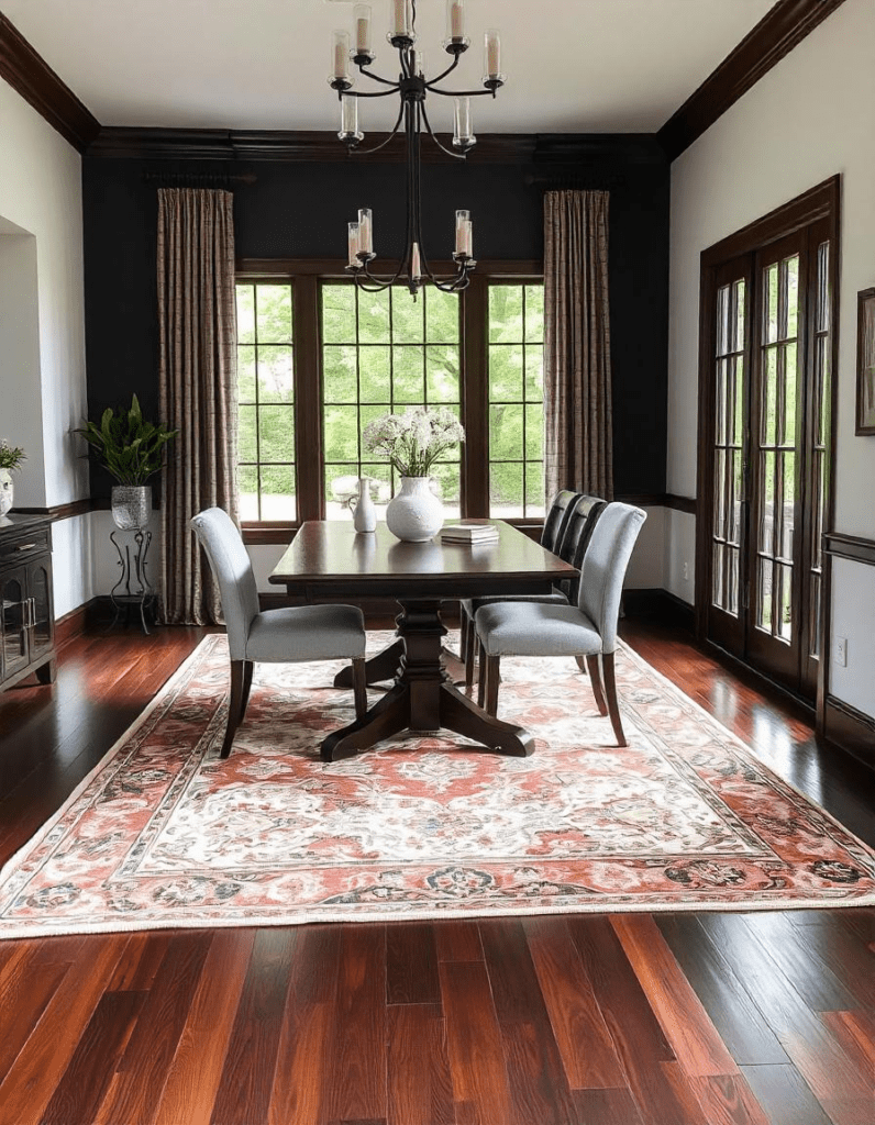 beautiful dining room with area rug on dark wood floor