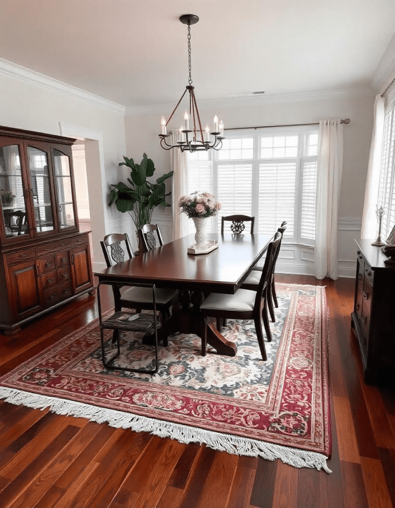 beautiful dining room with area rug on the dark wood floor