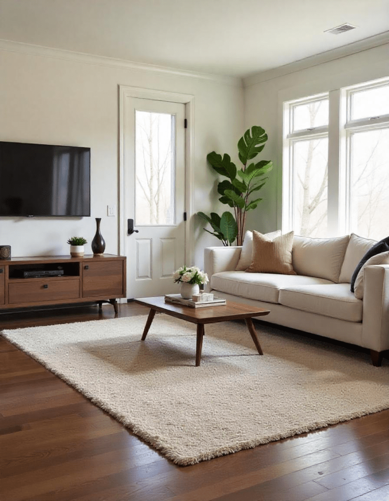 beautiful living room with furniture and area rug on dark floor