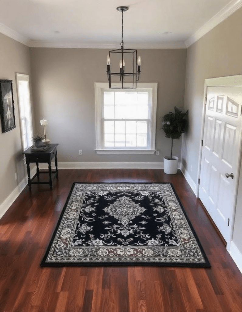 beautiful living room with area rug on dark wood floor and other decors