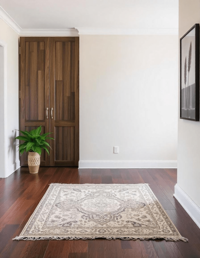 beautiful living room with area rug on dark wood floor and other decors