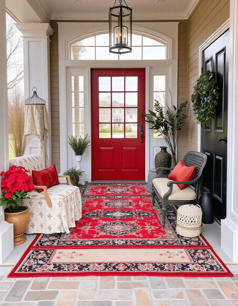 Beautiful front door decorated with rug and other decors. 