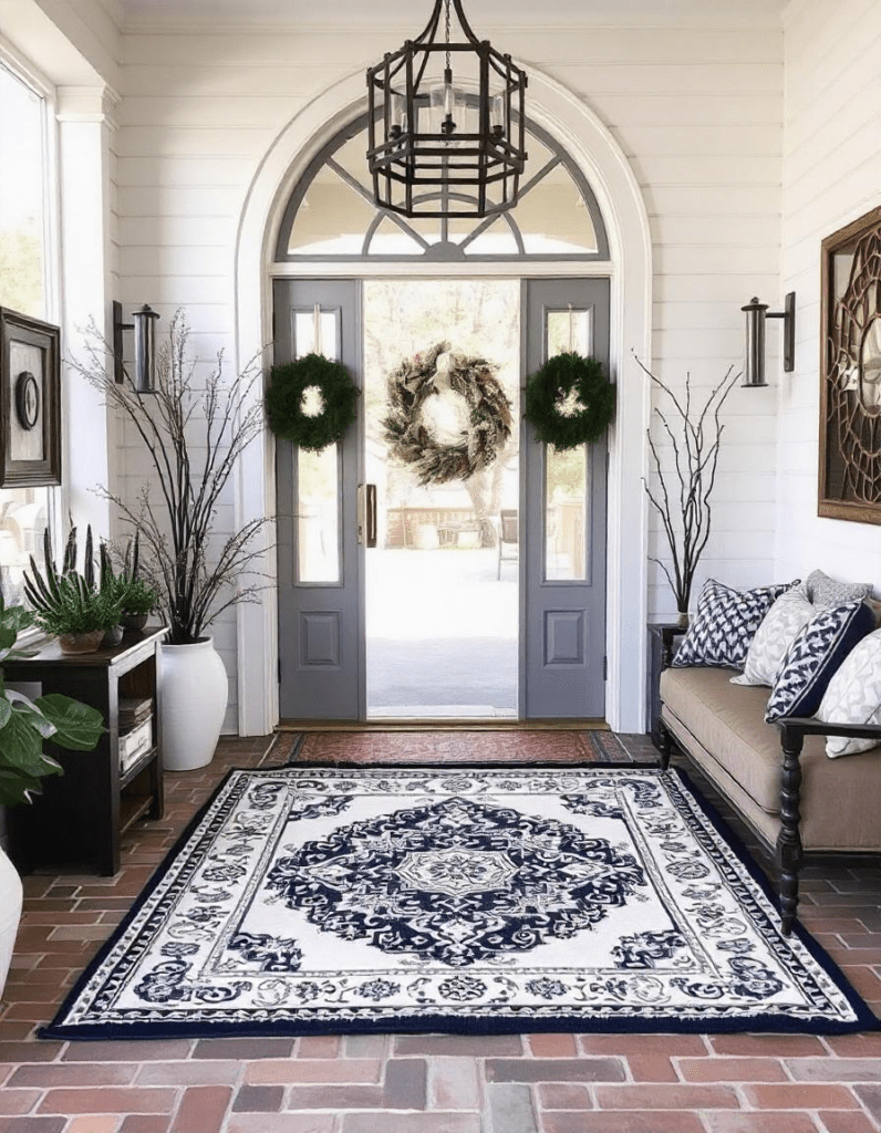 beautiful front door decorated with lots of decor and rug