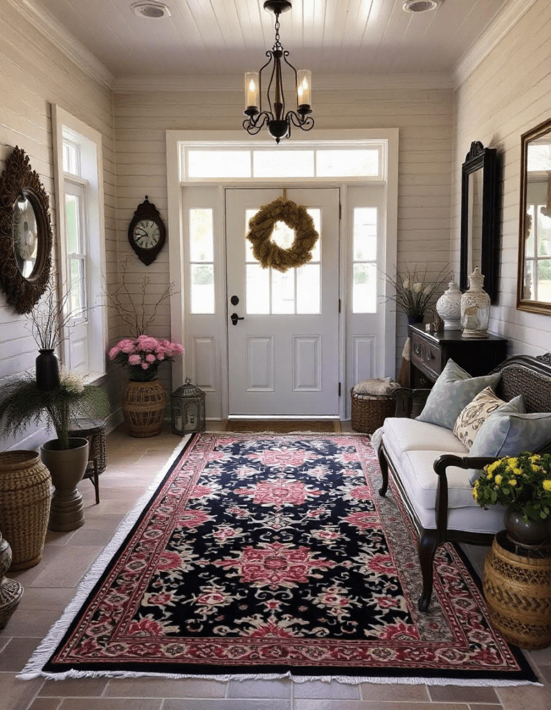 beautiful front door decorated with lots of decor and rug