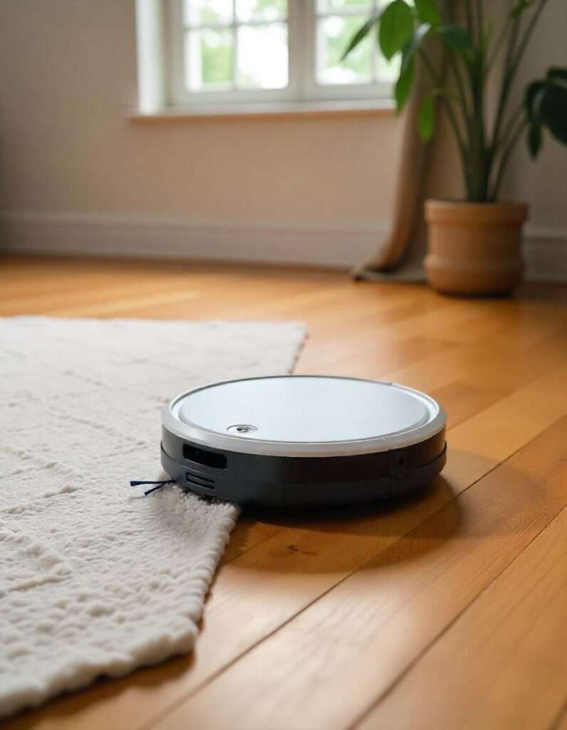 a robot vacuum on the area rug on the wood floor