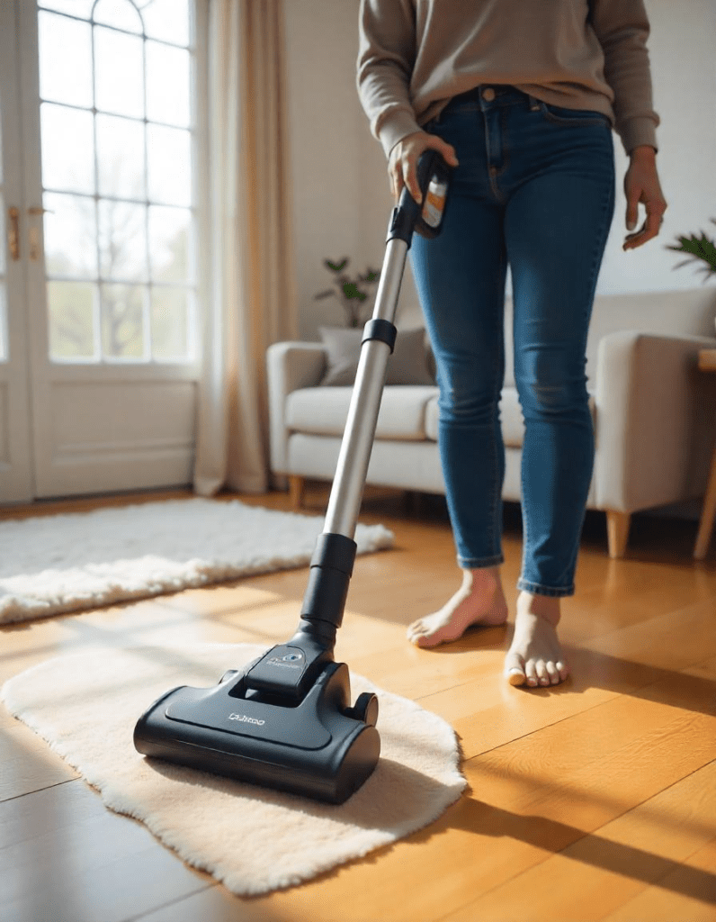 A female cleaning an area rug with vacuum on the wood floor