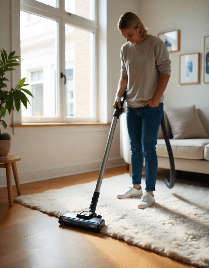 A female cleaning an area rug with vacuum on the wood floor