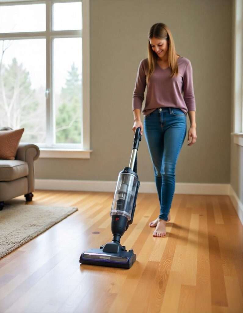 A female cleaning an area rug with vacuum on the wood floor