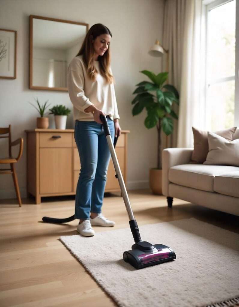 A female cleaning an area rug with vacuum on the wood floor