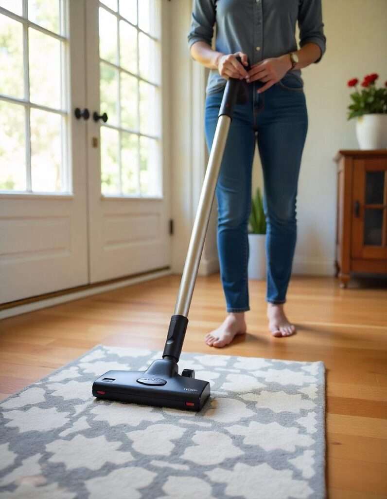 A female cleaning an area rug with vacuum on the wood floor