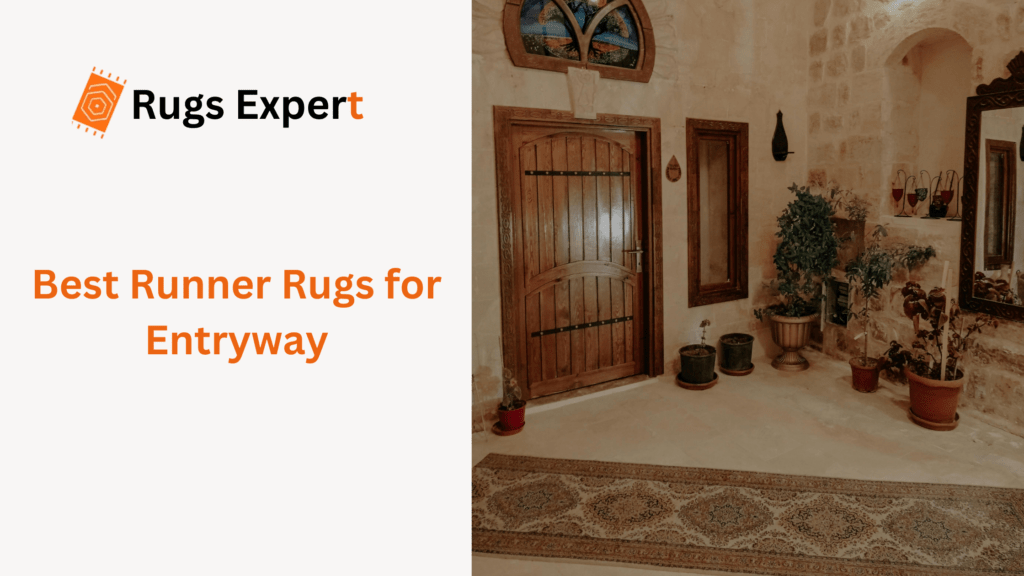 Text "Best Runner Rugs for Entryway" and a beautiful entryway with plants and runner rug