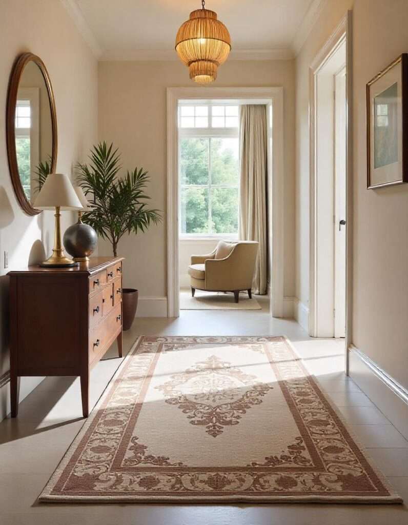 a beautiful entryway with runner carpet and other decors