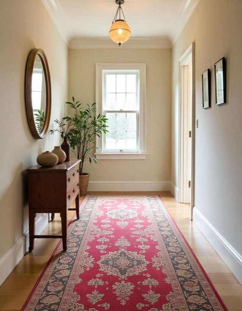 a beautiful entryway with runner carpet and other decors