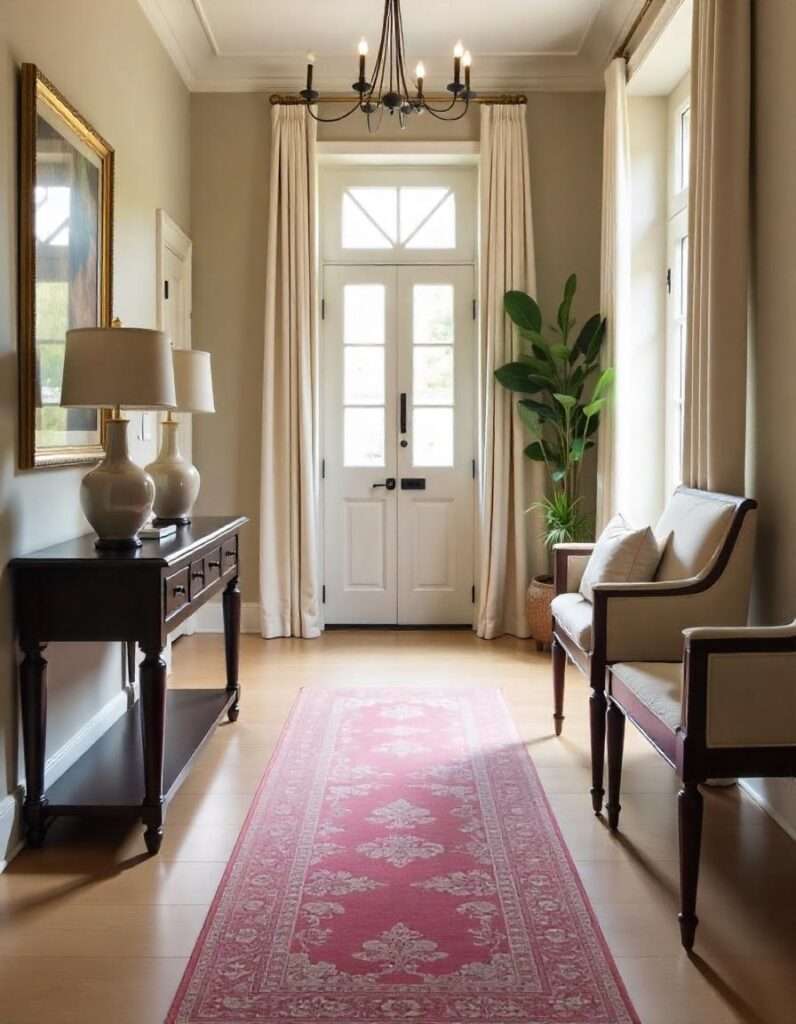 a beautiful entryway with runner carpet and other decors