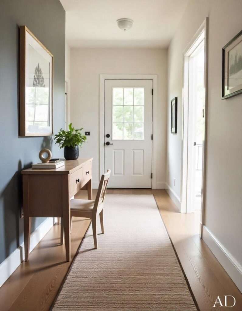 a beautiful entryway with runner carpet and other decors