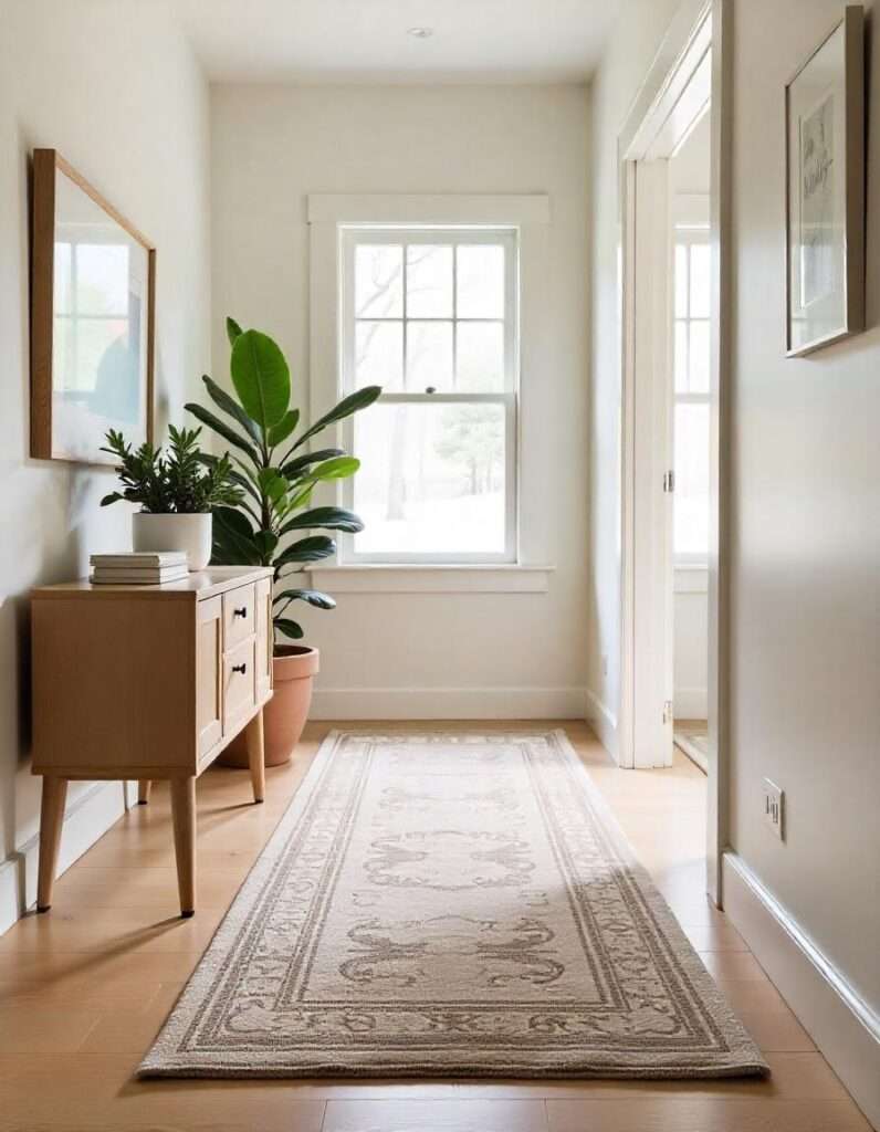 a beautiful entryway with runner carpet and other decors