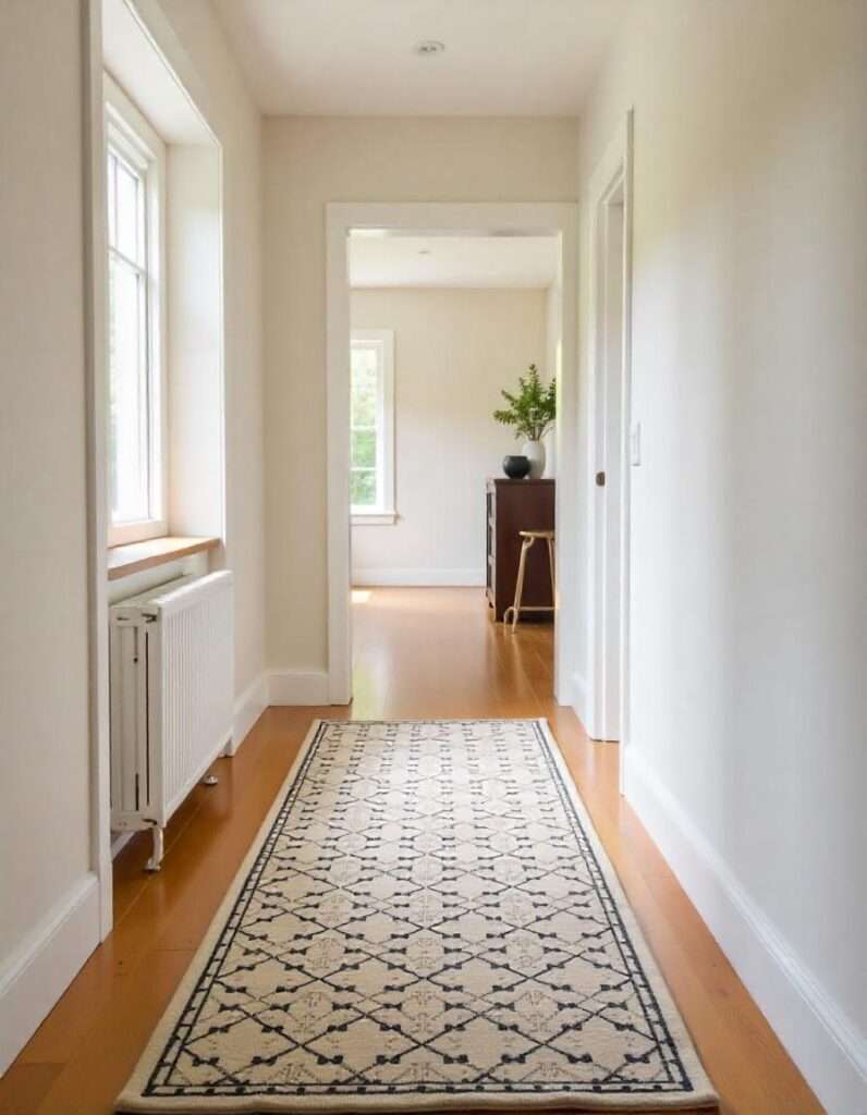 a beautiful entryway with runner carpet and other decors