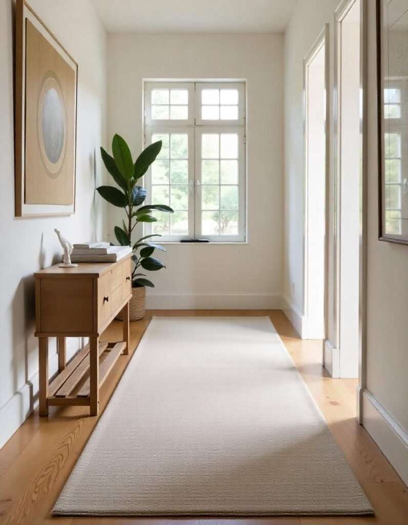 a beautiful entryway with runner carpet and other decors