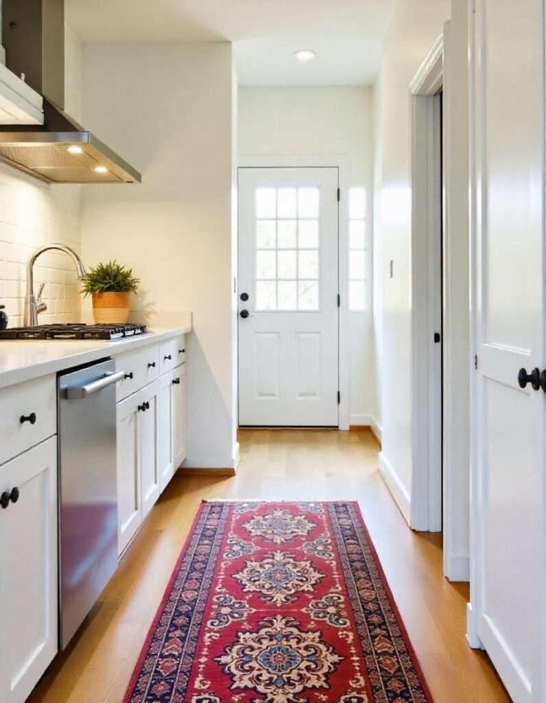 a beautiful kitchen with runner carpet and other decors