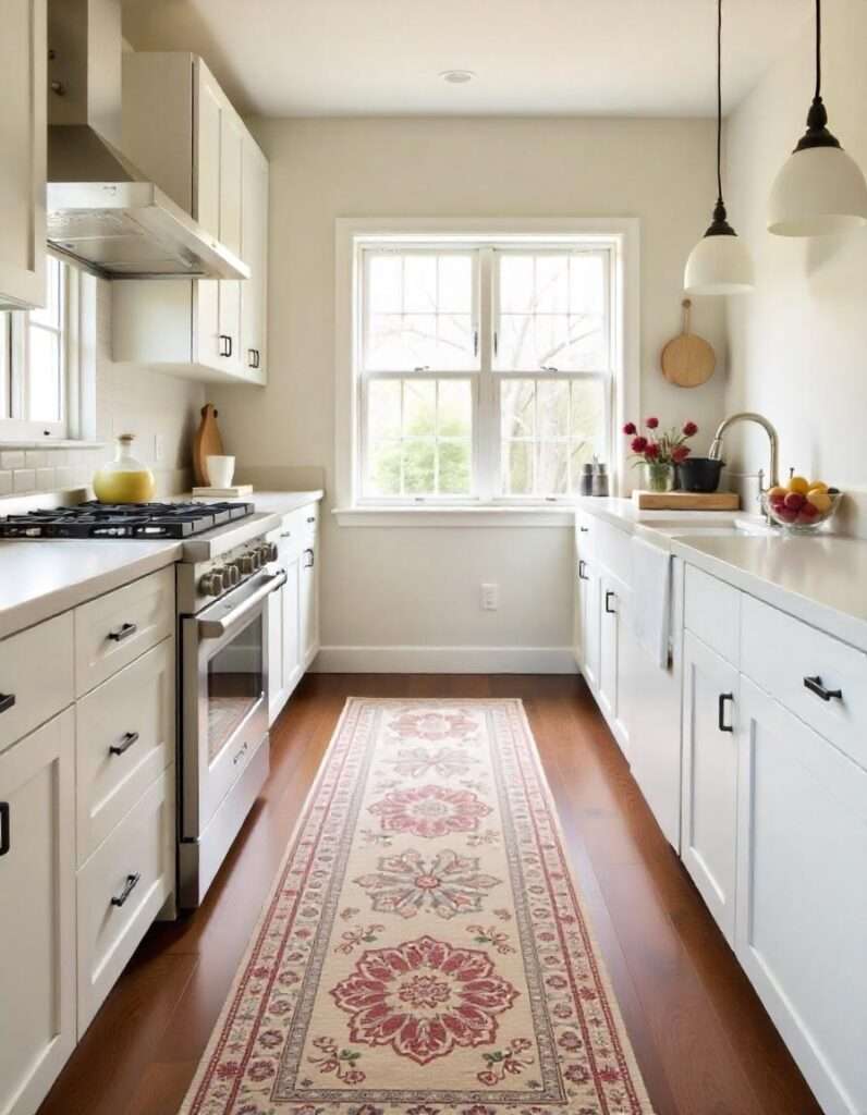 a beautiful kitchen with runner carpet and other decors